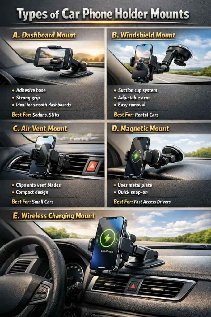 Types Of Car Phone Holder Mounts